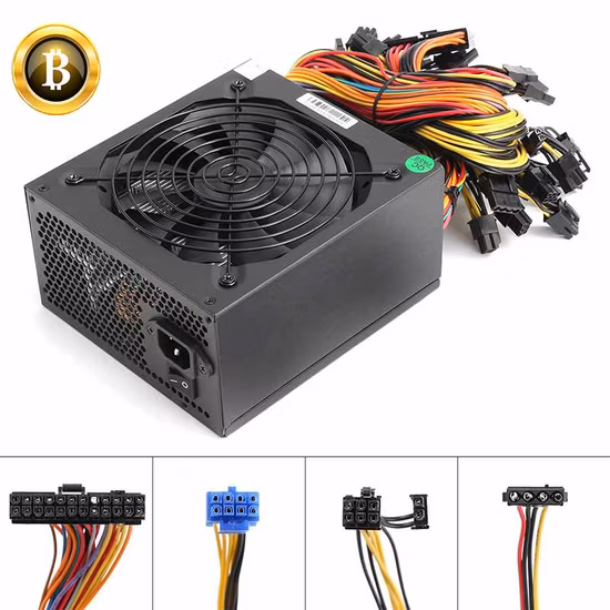 Fuente de alimentación ATX de 1600W para 6 GPU Rig Ethereum Bitcoin Mining 80 Plus Gold, ventilador de refrigeración de 140mm con Cable adaptador de enchufe estadounidense de 150cm
